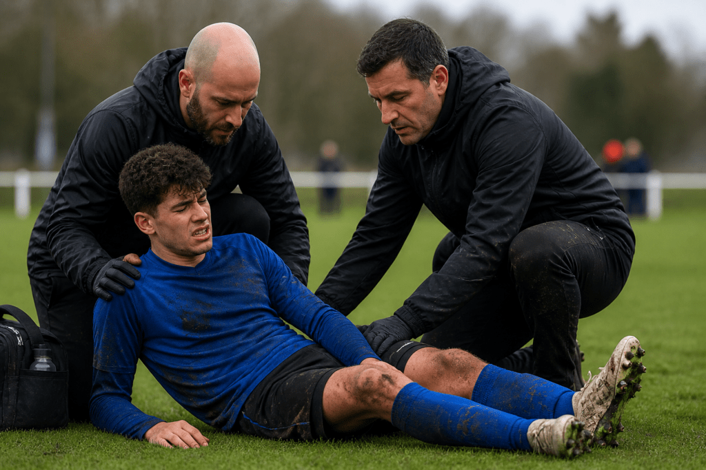injured athlete getting triage from healthcare professionals