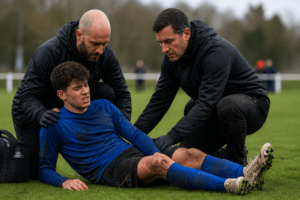injured athlete getting triage from healthcare professionals